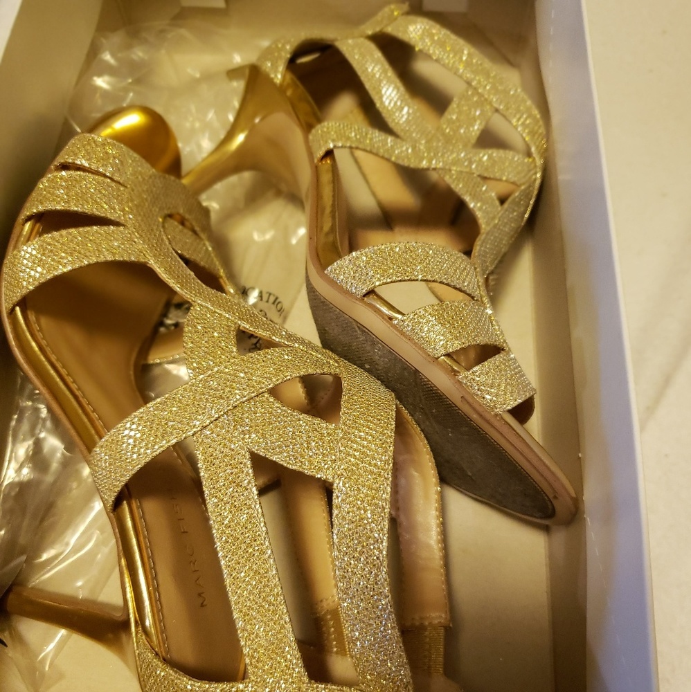 Marc Fisher gold open toe heels